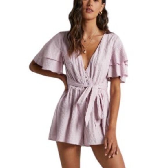 Showpo Womens Run away Girl Playsuit, Ruffled, Tie Waist, V Neck, Lilac, Size 4 - Picture 2 of 9